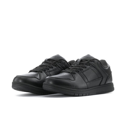 Men's black lace-up sneakers, side view with textured trim and rubber sole