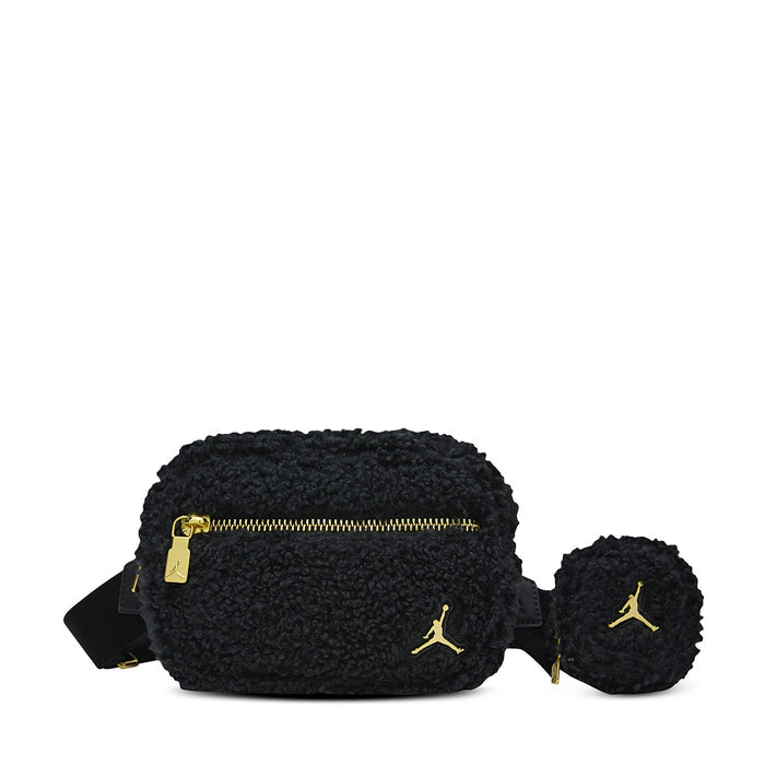 Black sherpa camera bag with gold zipper, plus matching mini crossbody pouch