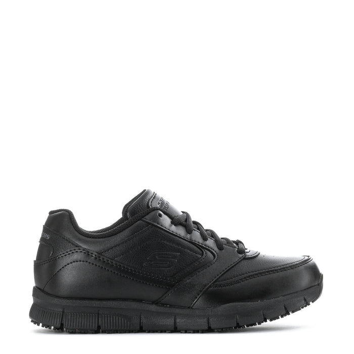 Black women's wide lace-up sneaker with rugged tread outsole, Skechers; side view