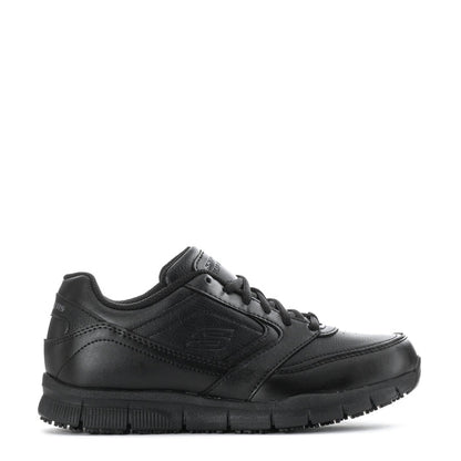 Black women's wide lace-up sneaker with rugged tread outsole, Skechers; side view