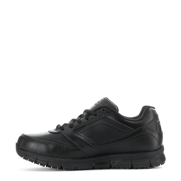 Black women's wide lace-up sneaker with grippy tread sole, Skechers; angled side view