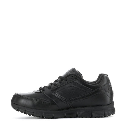 Black women's wide lace-up sneaker with grippy tread sole, Skechers; angled side view