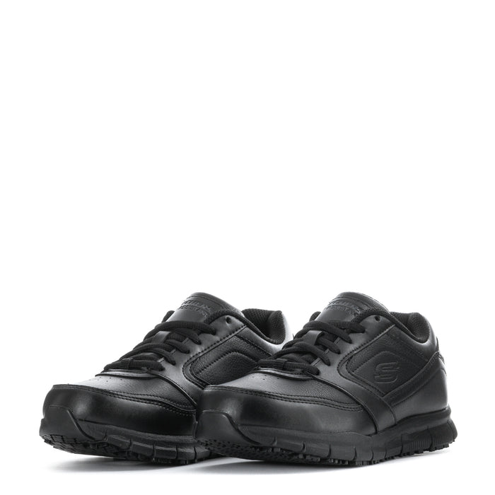 Pair of black women's wide lace-up sneakers with rugged tread sole, Skechers; front view