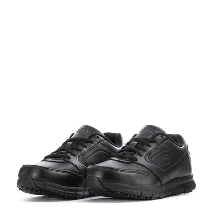 Pair of black women's wide lace-up sneakers with rugged tread sole, Skechers; front view