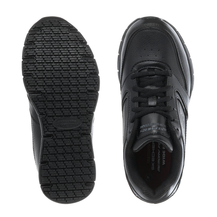 Black women's wide lace-up sneaker outsole with textured tread and shoe side, Skechers