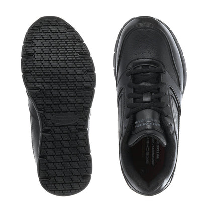 Black women's wide lace-up sneaker outsole with textured tread and shoe side, Skechers