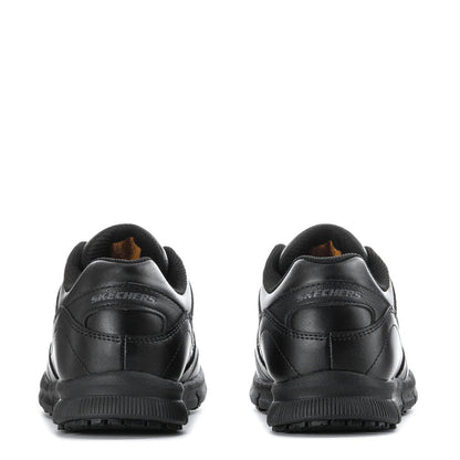 Black women's wide lace-up sneakers, Skechers; back view with heel tabs and logo