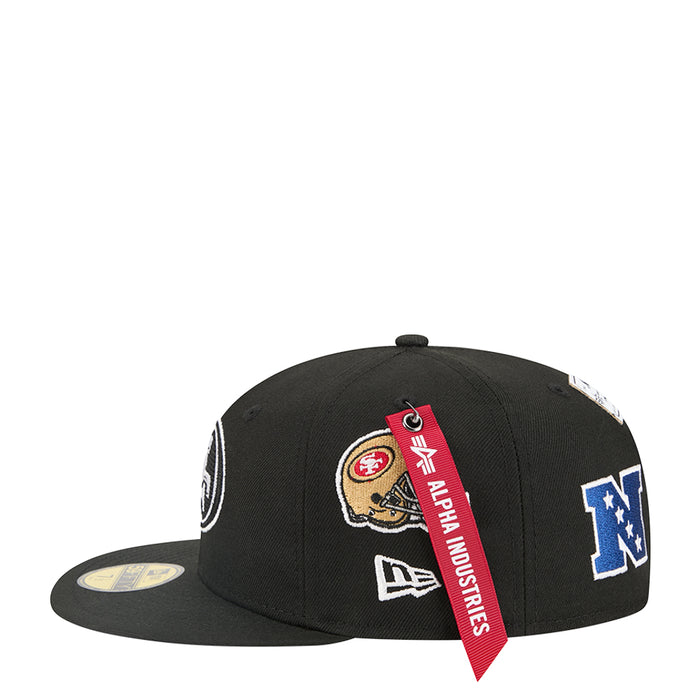 Black baseball cap with NFL team patches and a red “Patriots” strap detail.