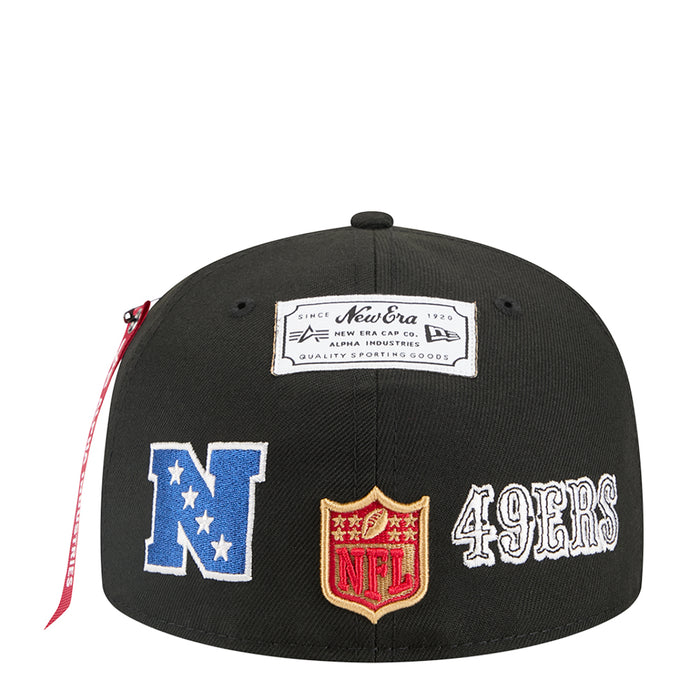 Black baseball cap back with New Era label and NFL/49ers graphic patches.