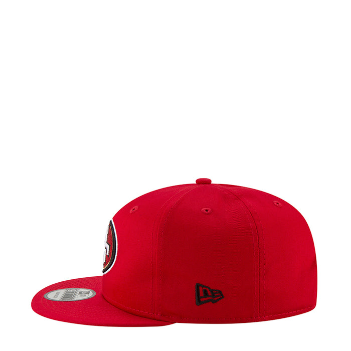 Red baseball cap with New Era flag and embroidered side logo