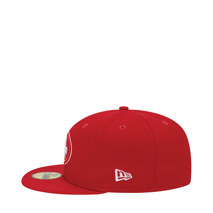 Scarlet red baseball cap with New Era flag and side oval logo