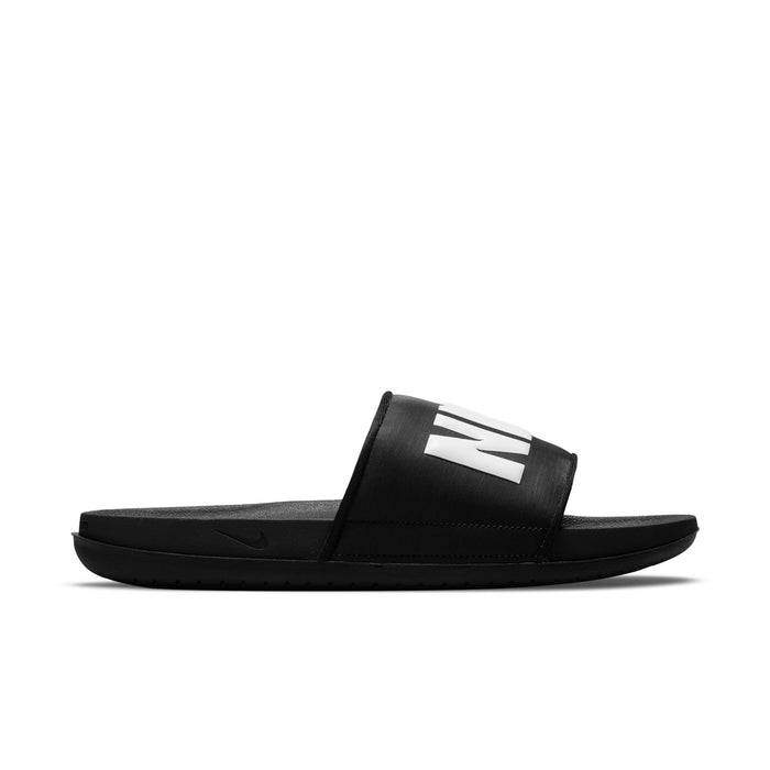 Men's black slide sandals with Nike logo strap and cushioned footbed