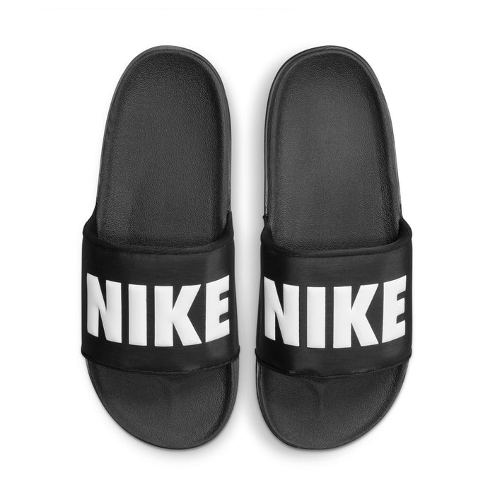 Pair of men's black slide sandals with white Nike lettering