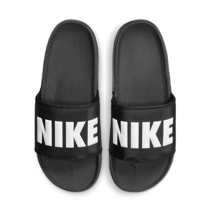 Pair of men's black slide sandals with white Nike lettering