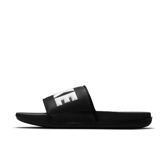 Men's black slide sandals with white Nike logo on strap