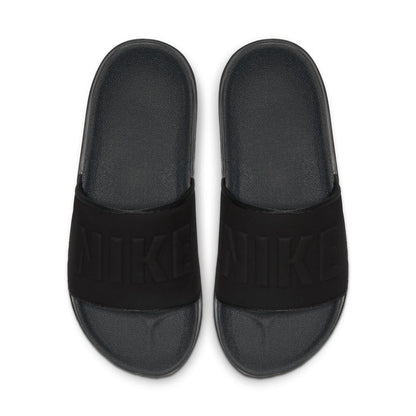 Women's black slide sandals with wide strap and embossed NIKE logo