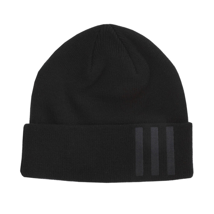 Black knit beanie with fold-over cuff and three-bar graphic on side