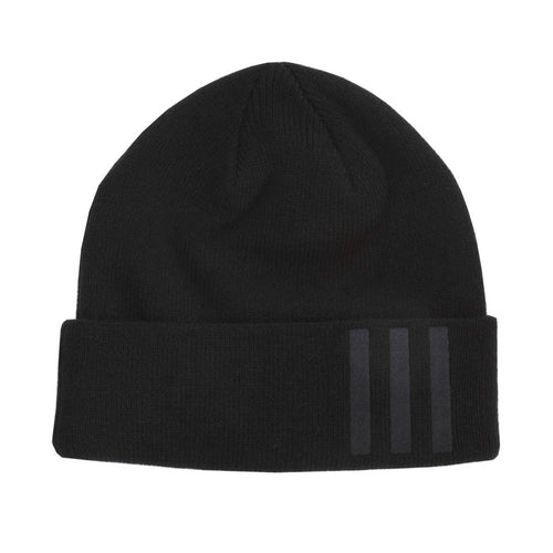 Black knit beanie with fold-over cuff and three-bar graphic on side