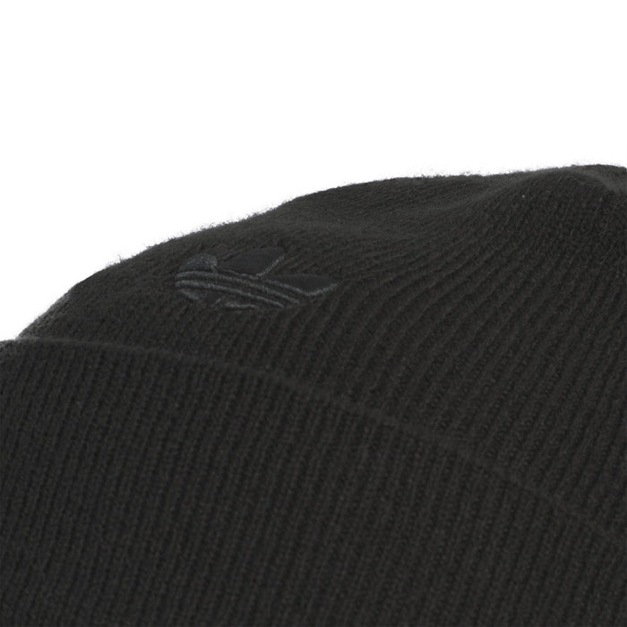 Black knit beanie close-up of three-bar logo on cuff