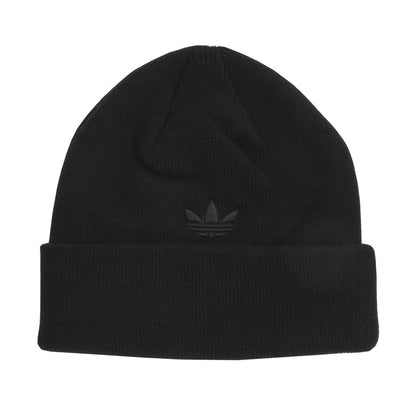 Black knit beanie with fold-over cuff and small three-bar emblem on top