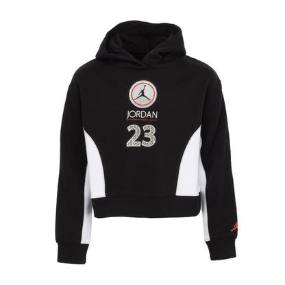 Youth black hoodie with JORDAN 23 front logo and white blocked sleeve panels