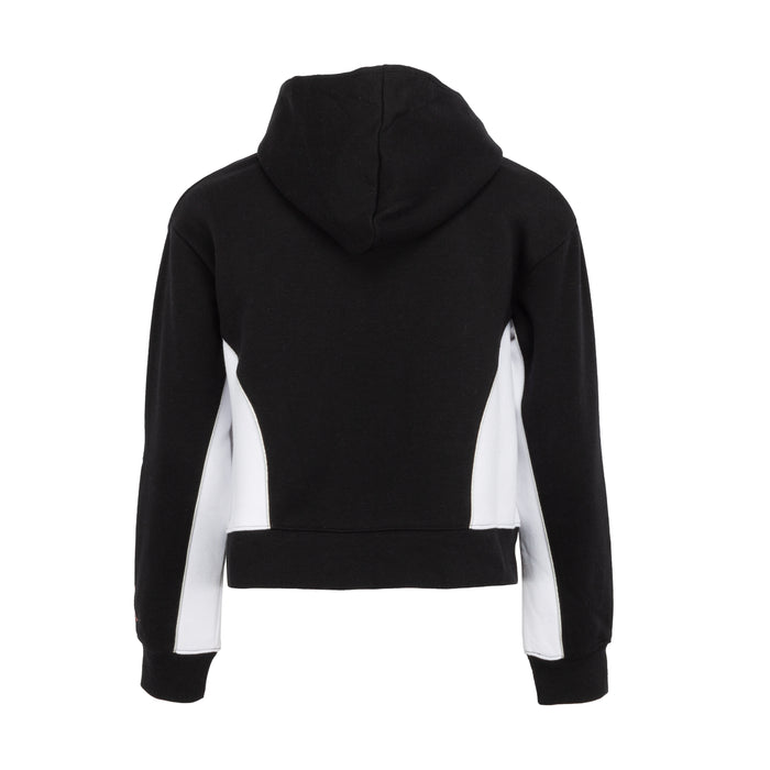 Youth black hoodie back view with white blocked side panels and hood