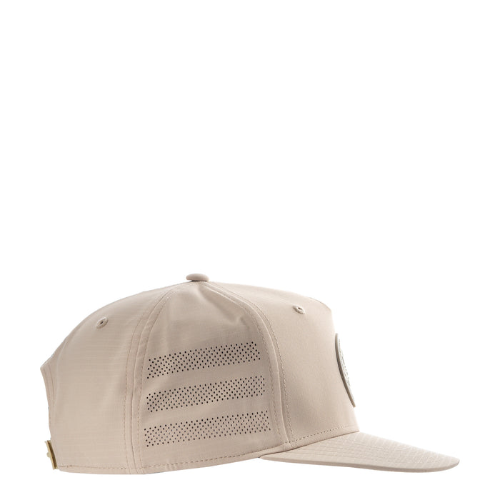 Light beige snapback cap with perforated side stripes panel.