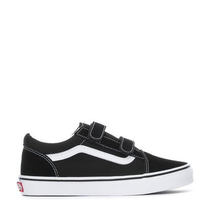 Youth black and white skate shoe with Velcro strap and white side stripe