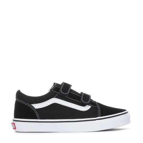 Youth black and white skate shoe with Velcro strap and white side stripe