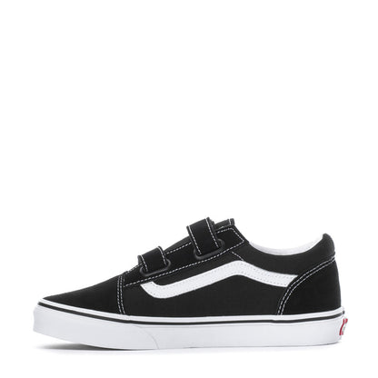 Youth black and white low-top skate shoe with two Velcro straps and white side stripe