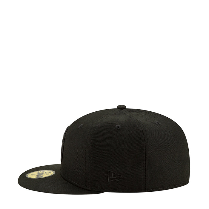 Black baseball cap with small side logo and flat brim