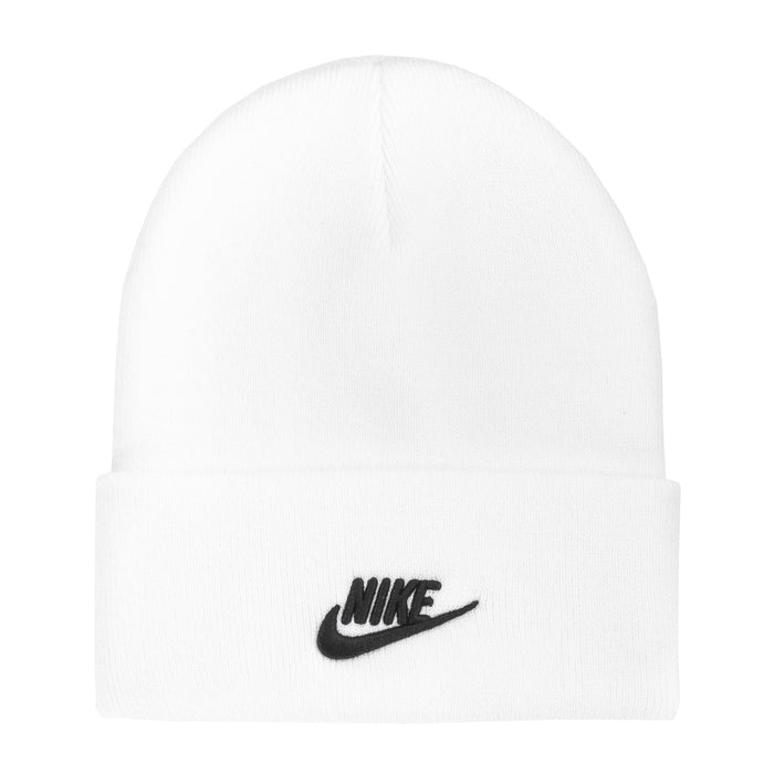 White knit beanie with black Nike swoosh logo on cuff