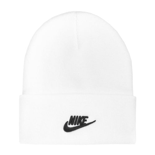 White knit beanie with black Nike swoosh logo on cuff