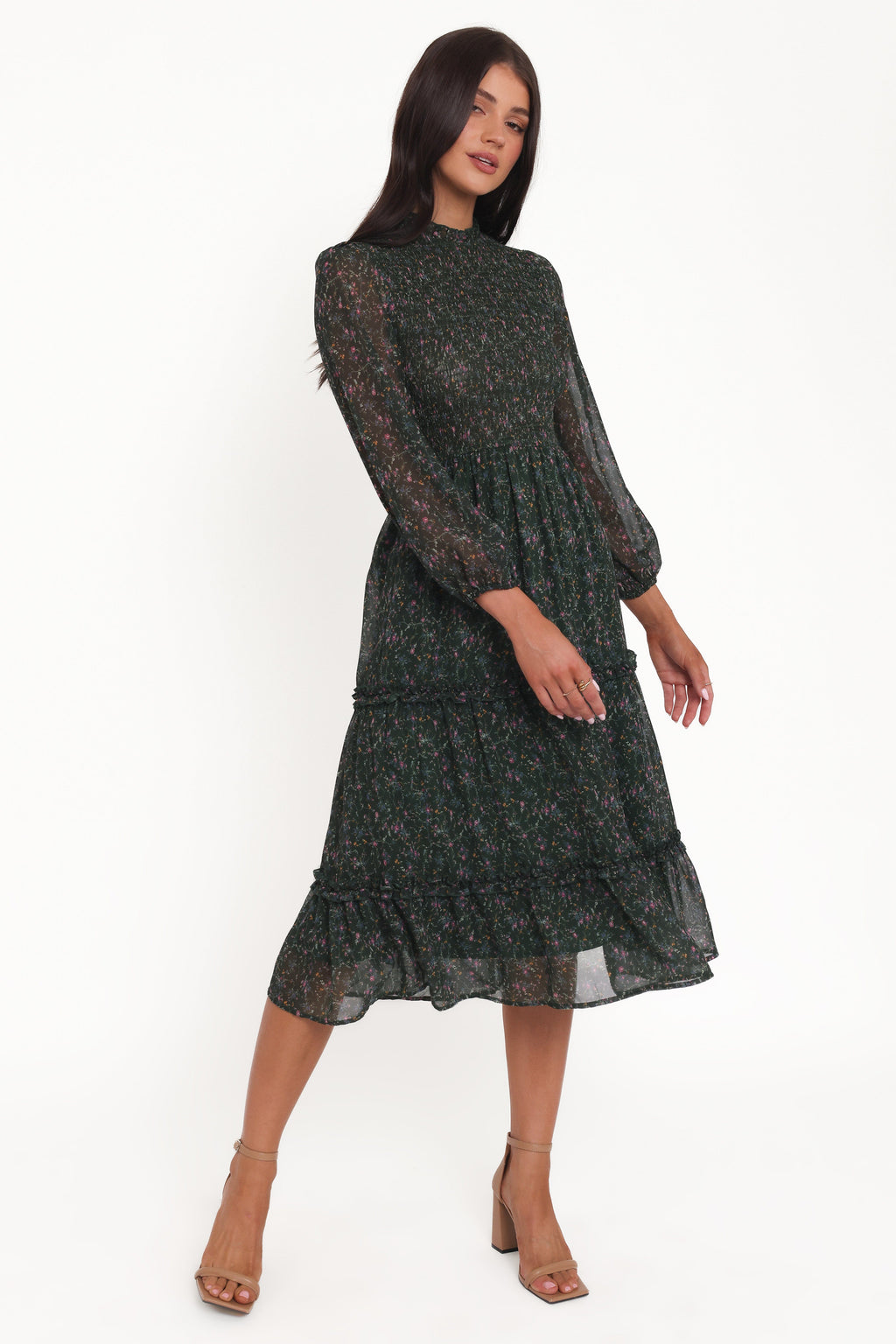 Edwina Shirred Frill Long Sleeve Midi Dress - Olive Floral
