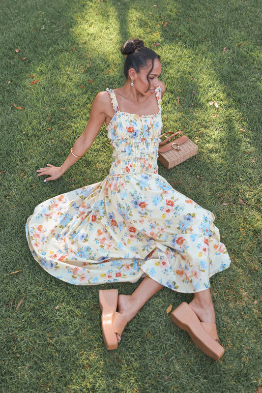 Enola Gather Midi Dress - Yellow Floral