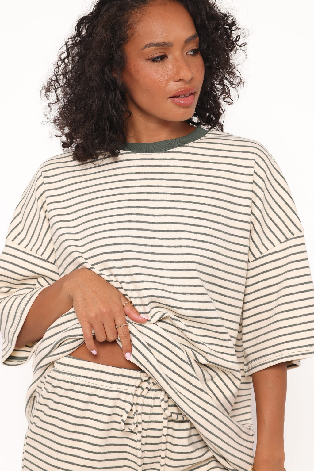 Hellen Stripe Short Set - Cream/Green Stripe