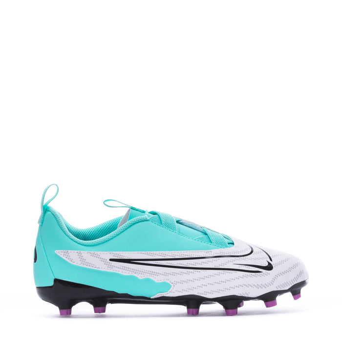 Youth soccer cleats, white and aqua uppers with black stud sole