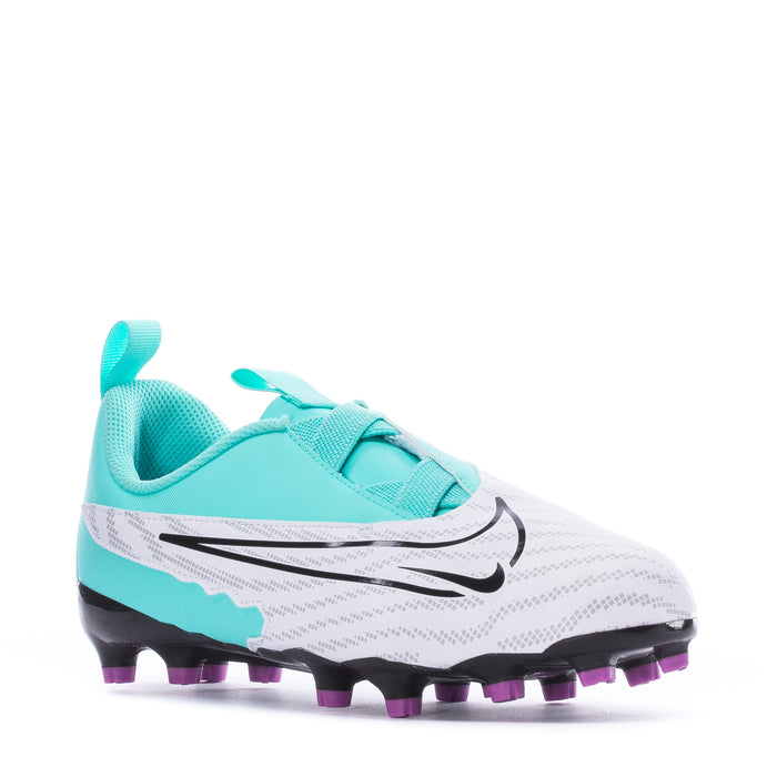 Youth soccer cleats, side view; aqua upper with white patterning and black studs