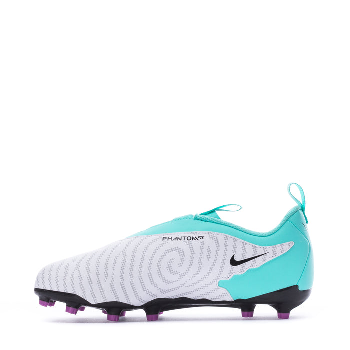 Youth soccer cleats, profile view; aqua-and-white with 'PHANTOM' heel logo