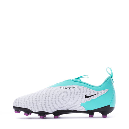 Youth soccer cleats, profile view; aqua-and-white with 'PHANTOM' heel logo