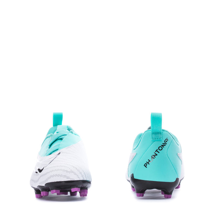 Youth soccer cleats, heel and toe view; aqua panels with dark stud sole
