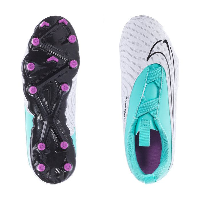 Youth soccer cleats, outsole and inside view; black studs with pink tips