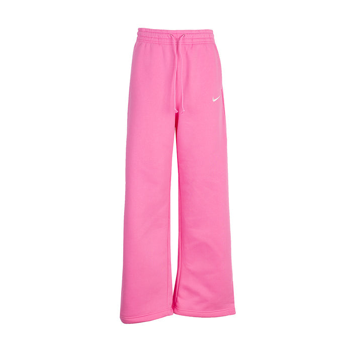 Pink fleece wide-leg pants with drawstring elastic waist and Nike swoosh