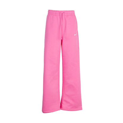 Pink fleece wide-leg pants with drawstring elastic waist and Nike swoosh