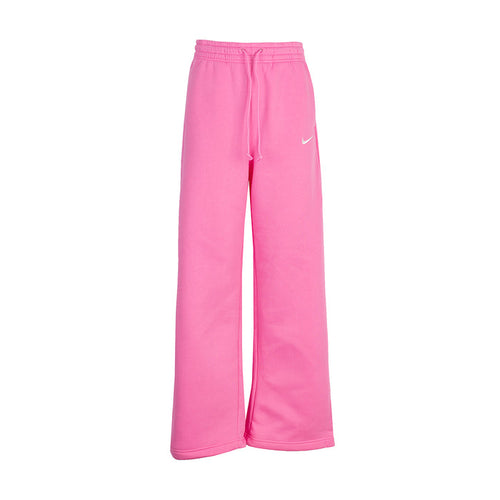 Pink fleece wide-leg pants with drawstring elastic waist and Nike swoosh