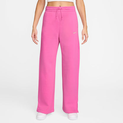 Pink fleece wide-leg pants, front view, drawstring elastic waistband