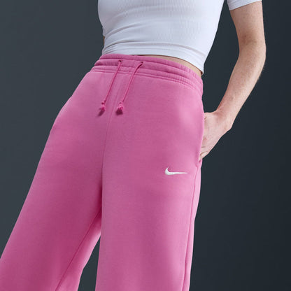 Pink fleece pants with drawstring elastic waistband and small Nike swoosh