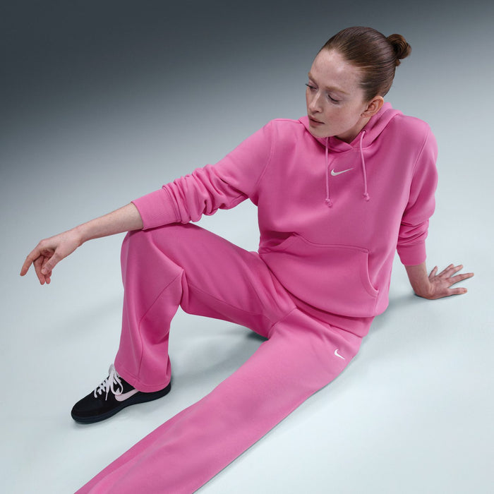 Pink fleece wide-leg pants with drawstring elastic waist, relaxed drape
