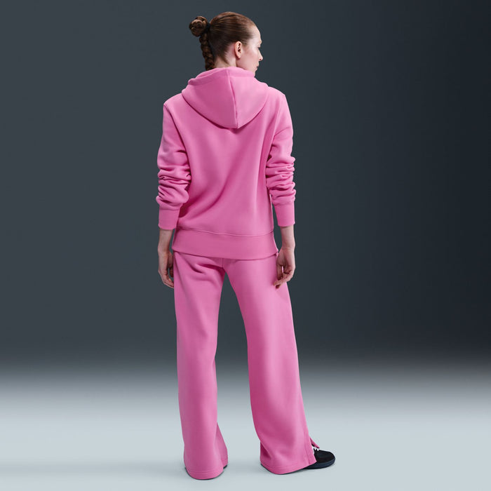 Pink fleece wide-leg pants, back view, drawstring elastic waistband