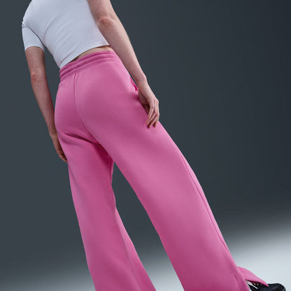 Pink fleece wide-leg pants, side/back view, relaxed fit with elastic waistband